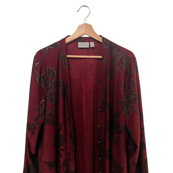 Susan Graver Burgundy & Black Floral Button-Front Long Cardigan Blouse Womens XL - Picture 2 of 5